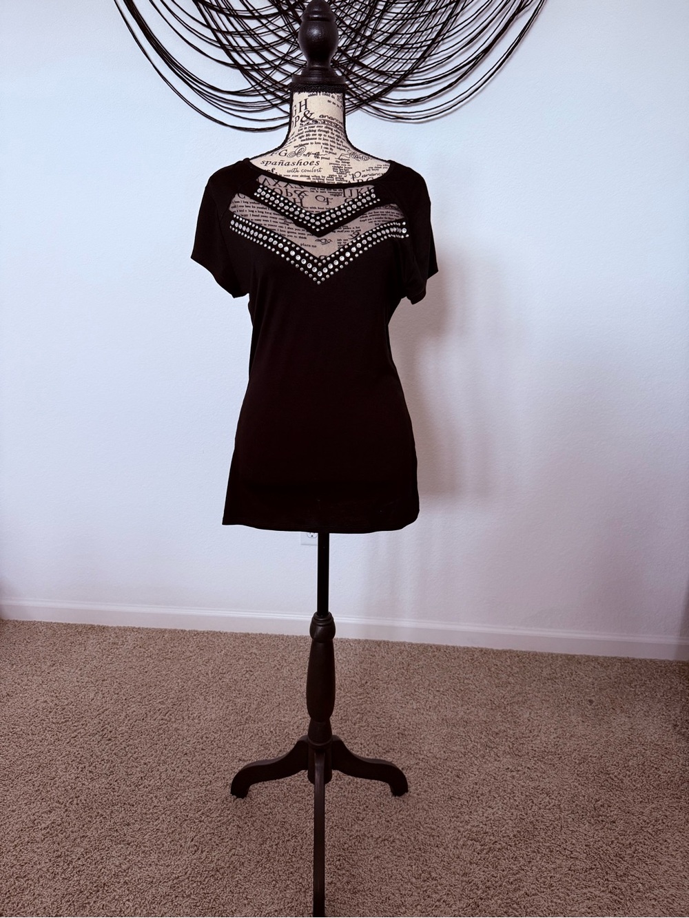 VENUS Black Short Sleeve Top with Studded Cutout Detail